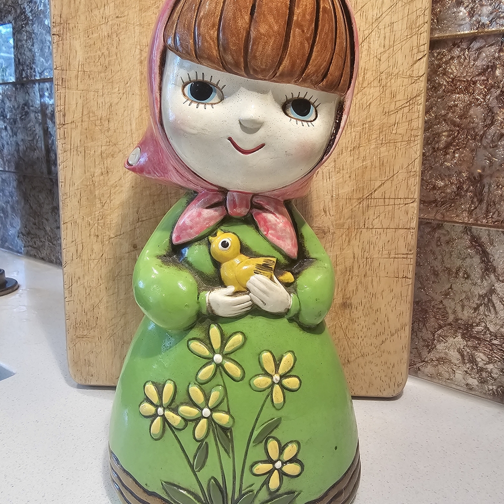 Charming Green Girl Figurine BANK with Flowers 1960s. Paper Mache? Chalkware?